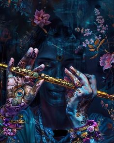 a woman holding a flute in front of her face with flowers all over her body