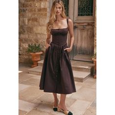 Brown Buttoned Strap Midi Dress Midi Skirt Fall, Midi Sundress, Dress Woman, Soft Feminine, Autumn Dress, Midi Dress Party, Spaghetti Strap Dress, Birthday Dress, Dress Gown