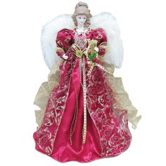 an angel figurine with white wings and red dress, holding a rose in its hand