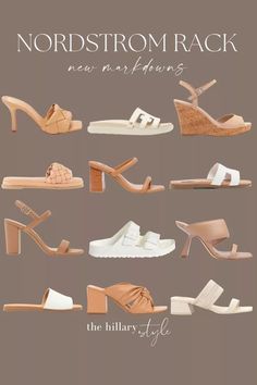 various types of shoes are shown in this advertisement for the new library of women's shoes