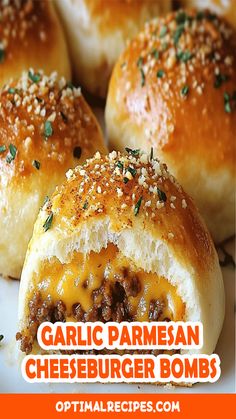 Get ready to wow your taste buds with these Garlic Parmesan Cheeseburger Bombs – a snack that’s crispy on the outside, gooey on the inside, and packed with juicy cheeseburger goodness! 🍔🧄 Perfect for game day, parties, or a quick family snack, these easy-to-make treats will have everyone begging for more. With a flaky golden crust, melty cheese, and a hint of garlic parmesan, they’re irresistible! Click to get the recipe and bring these crowd-pleasers to life! 💥✨ #EasyRecipes #SnackIdeas #CheeseburgerBombs #GarlicParmesan #ComfortFood Keto Cheeseburger Bomb, Recipe With Parmesan Cheese, Garlic Parmesan Cheeseburger, Potluck Style Food, Garlic Parm Cheeseburger Bites, Garlic Parmesan Cheeseburger Balls, Garlic Parmesan Bacon Cheeseburger Bomb, Quick And Easy Christmas Party Food