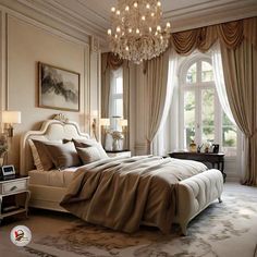 a large bed sitting in a bedroom next to a chandelier and two windows