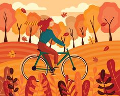 a woman riding a bike through a forest filled with trees and leaves on an autumn day