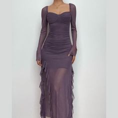 Please refer to our sizing chart for a guideline when choosing a size. 5 business days order processing time. 90% polyester 10% spandex. Violet Dress Long Sleeve, Purple Long Sleeve Prom Dress, Long Sleeve Purple Dress, Sheer Mesh Dress, Ruched Maxi Dress, Ruffle Long Sleeve, Crop Top Blouse, Cutout Dress, Cami Dress