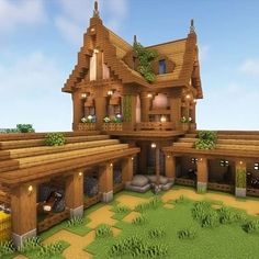 a large wooden house with lots of windows and plants on the roof is shown in this minecraft image