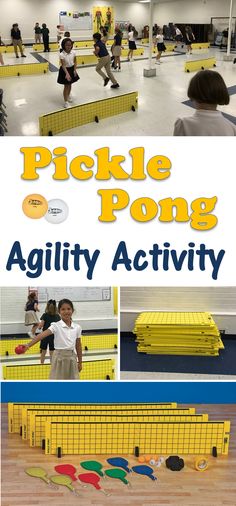 there are pictures of people playing ping pong in an indoor area with yellow and blue mats