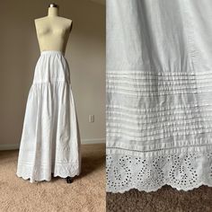 Antique Victorian petticoat with pleated hem.  The heavy weight of this petticoat and the shape tells me that it is likely from the 1890s.  The embroidery at the hem looks like ti was done by hand. This is unusual as most petticoats have embroidery that appears hand embroidered but is really done by a double needle machine.   23" waist  38" hip (where that third button is/ruffle starts) 42." long  front.  43" long back.  I'm 5'6" tall and it just skims the ground on me.  Your petticoat should be shorter than your overskirt if you are wearing it on the underside :) This is one of the LONGEST petticoats ive ever seen.  Upon closer inspection it is because a there was a couple of pleats that were released.   I have left as it because I know you tall girls /guys are always looking for long eno Fern Cosplay, Victorian Walking Skirt, Rockstar Outfits, Ghost Project, Nostalgic Fashion, Walking Skirt, Modest Girly Outfits, Rock Star Outfit, Petticoat Skirt