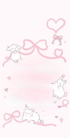 two rabbits with bows and hearts on a pink background