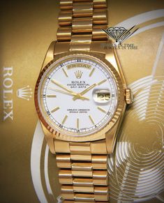 Rolex Day-Date President 18k Yellow Gold White Dial Mens Watch Box/Papers 18238 #rolex #menswatches #watchesformen Black Rolex, Mens Watch Box, Mens Watches Black, Hand Watch