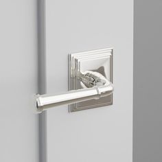 a close up of a door handle on a white door with a silver frame and handles