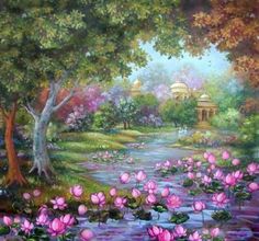 a painting of flowers and trees in a park with water lillies on the ground