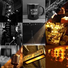 black and white images with an old fashioned microphone in front of the stage door sign