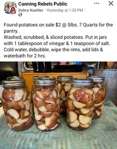 four jars filled with sliced apples sitting on top of a table next to each other