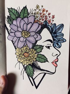 a drawing of a woman with flowers in her hair