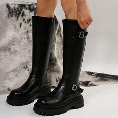 Advbridge Lucyever Fashion Buckle Knee High Boots Women Side Zipper Punk Knight Combat Boots Woman Pu Leather Thick Heels Long Botas Combat Boots Woman, Boots Woman, Coat Women Fashion, Oversized Streetwear, Womens Combat Boots, Beige Shoes, Grey Shoes, Angkor, Thick Heels