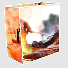 two pictures of food and drinks on a grill, one is being grilled with tongs