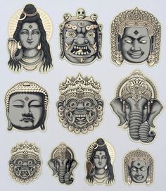 six stickers with different designs on them, including an elephant head and several faces