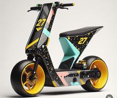 an electric scooter with yellow wheels is shown in front of a white background