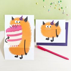 two greeting cards with an image of a monster holding a birthday cake on one side and a pencil in the other