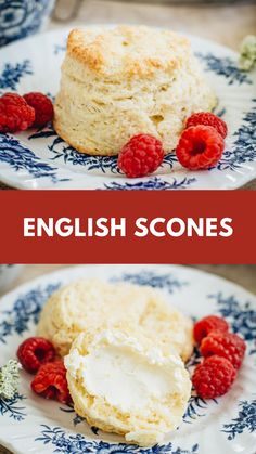 two plates with biscuits and raspberries on them