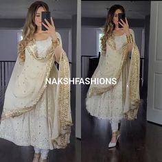 Anarkali Fabric :* Heavy Faux Georgette With 5mm Sequence And Embroidery Work* *( Fully Sleeves )* *Anarkali Flair:* *3 meter* *Anarkali  Inner :* Micro Cotton *Anarkali Length :* 51-52'' Inch  *Dupatta Fabric :* Heavy Faux Georgette With 5mm Sequence and Embroidery Work (dupatta size 2.30 meter) *Pant* :- Micro Cotton Fabric   ( Fully Stitched )   *Anarkali Size* : XL(42)Margin ( *Fully Stitched* )   *Weight*    : 1kg CARE INTRODUCTION:- HAND WASH / ONLY DRY AND CLEAN Above shown images in phot White Anarkali Set For Party, Fitted Long Anarkali Style Sharara, Long Dresses For Wedding And Navratri, White Anarkali Dress With Self Design, White Floor-length Salwar Kameez For Party, Long Churidar With Dabka Work For Wedding, Long Self Design Georgette Dupatta, Anarkali Salwar Kameez With Sheer Dupatta For Party, Wedding Long Churidar With Dabka Work