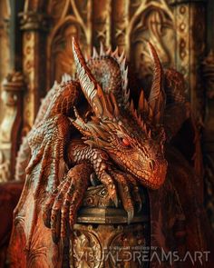 a red dragon statue sitting on top of a table