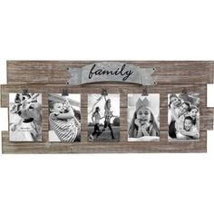 a family photo hanging on a wall with the word family spelled in four different pictures