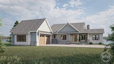 this is an artist's rendering of a house in the country style with two garages