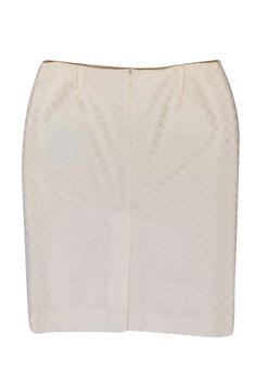 This stunning Valentino pencil skirt in ivory with a cream diamond pattern is the perfect addition to any wardrobe. Pair it with a black blouse and heels for a chic office look or dress it down with a denim jacket and ankle boots for a fun weekend outfit. You'll feel stylish and confident wherever you go in this versatile piece. Size 12 Shell 67% Acetate 33% Polyester Concealed center back zipper closure Waist 34” Total length 24” Chic White Pencil Skirt For Formal Occasions, Elegant White Pleated Skirt, White Elegant Lined Pencil Skirt, Elegant White Lined Pencil Skirt, Classic White Office Skirt, Elegant White Pencil Skirt, Chic Fitted Off White Skirt, White Knee-length Pencil Skirt For Formal Occasions, Elegant White Skirt For Workwear