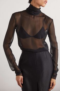 SAINT LAURENT Cutout silk-mousseline turtleneck blouse | NET-A-PORTER Sheer Blouse Outfit, Turtleneck Blouse, Minimalist Women, Couture Tops, Clothes Collection, Sheer Blouse, Everyday Wardrobe, Minimalist Outfit, Wide Leg Trousers