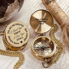 a pocket watch with a chain around it sitting on top of a map