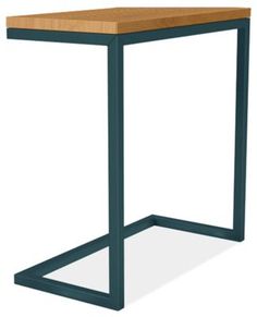 the side table is made from metal and wood, with a square wooden top on one end