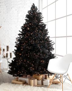 a black christmas tree in a white room