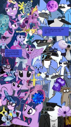 an image of many different cartoon characters in purple and blue colors with stars on them