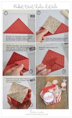 instructions to make an origami box with red and white flowers on the inside