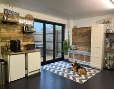 a dog sitting on the floor in front of a kitchen with sliding glass doors and shelves