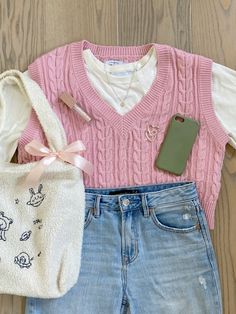 pink vest, coquette outfit, romanticizing school, white school bag aesthetic, simple school outfit Pink Outfits Business Casual, Pink Outfit School, Coquette Outfit Ideas For School, White School Bag, School Bag Aesthetic, Outfit With Vest, Outfit Ideas For School, School Outfit Ideas, Coquette Outfit