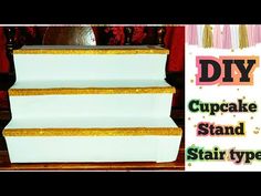 three tiered cake stand with gold glitter trimmings and diy cupcake stand