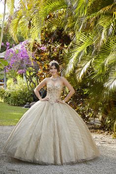 a woman in a ball gown standing next to some trees and bushes with her hands on her hips