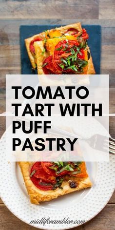 two pieces of tomato tart with puff pastry on a plate next to a fork