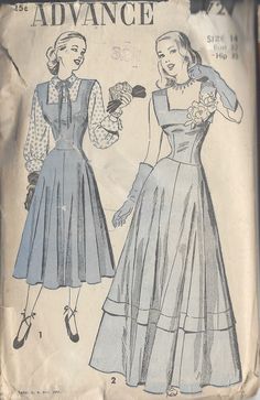 ~ Circa/Date:  1940s ~ Details:  EVENING & DAY DRESS with BLOUSE ~ Size/Measurements (Inches):     ~ Size: 14     ~ BUST: 32″     ~ Waist:  28″    ~ Hip: 35″ ~ Please Note: ~ You are buying a 'Professional Reproduced' copy of this sewing pattern. Copied from the original sewing pattern. Produced in Full Scale Pattern Pieces ready to cut with full instructions included. Reproduced on high quality 50 gm paper with black ink, durable and easier for reuse. Printed by a Professional Printing Company.   ~ With this product comes an accompanying 'Booklet' and inside the Booklet it includes: ~ A 2-page Instructions and Illustrations on 'How to Adjust Your pattern to your Personal Measurement.' ~ Personal Measurement Chart ~ Body Form Illustrations ~ Fitting Checklist ~ Metric Equivalency Chart ~ N Dress With Blouse, 1940s Evening Dresses, Evening Dress Patterns, 40s Dress, Vintage Dress Patterns, Dress Blouse, Motif Vintage, Couture Vintage, Vestidos Vintage