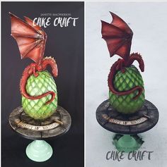 two cakes decorated to look like dragon heads on top of each other, one is green and the other is red