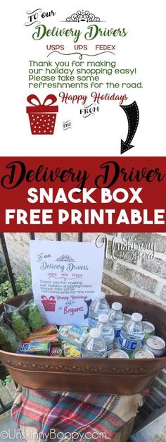 a wooden box filled with snacks on top of a picnic blanket next to a sign that says delivery driver snack box free printable