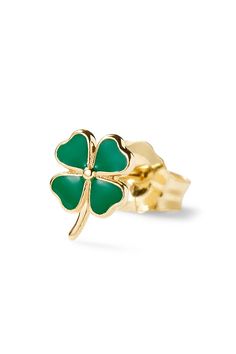 Bring yourself a bit of luck with our 14K Yellow Gold Four Leaf Clover Stud featuring green enamel. Please note this stud is sold as a single. 14K Yellow Gold, Made in New York City Green Gold Jewelry, Alison Lou, Clover Green, Four Leaves, Fine Jewelry Designers, Four Leaf, Green Enamel, Leaf Clover, Four Leaf Clover