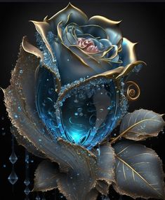 a blue rose with water droplets on it's petals is shown in this artistic photo