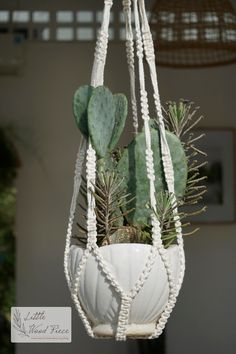 a white hanging planter filled with succulents