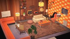 the living room is decorated in an orange and white color scheme, with furniture on either side