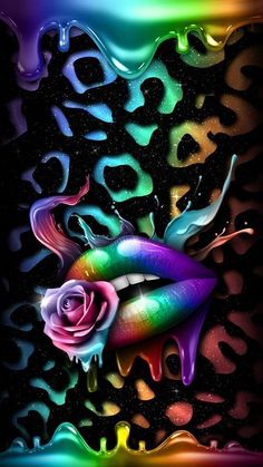 an abstract painting with rainbow paint and a rose on the bottom, in front of a black background