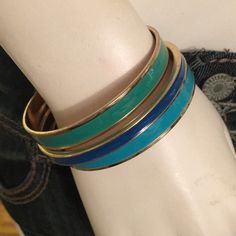 Set Of 3 Bangle Bracelets: Blue, Turquoise And Green With Gold Detail. Nwot, Excellent Condition. Great Match With The Candies Tank. Trendy Blue Bangle Jewelry, Adjustable Blue Stackable Bangle, Bracelet Trio, Navy Jewelry, Turquoise And Gold, Jewelry Blue, Blue Bracelet, Navy And Green, Blue Turquoise