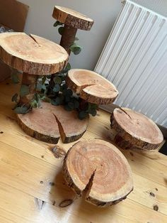 several pieces of wood sitting on top of a wooden table